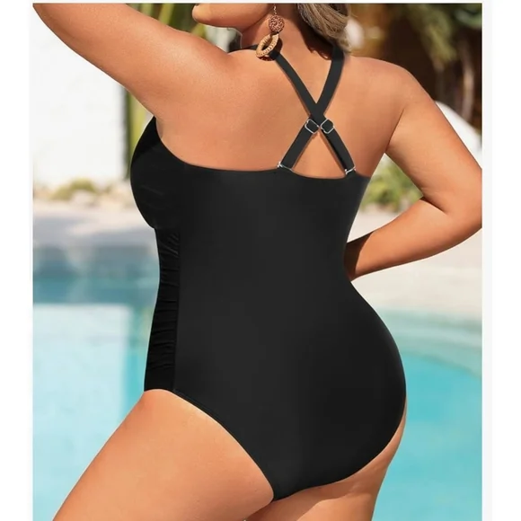 AQUA EVE - 12 Plus Elegant Black One-Piece Swimsuit - Picture 2 of 7